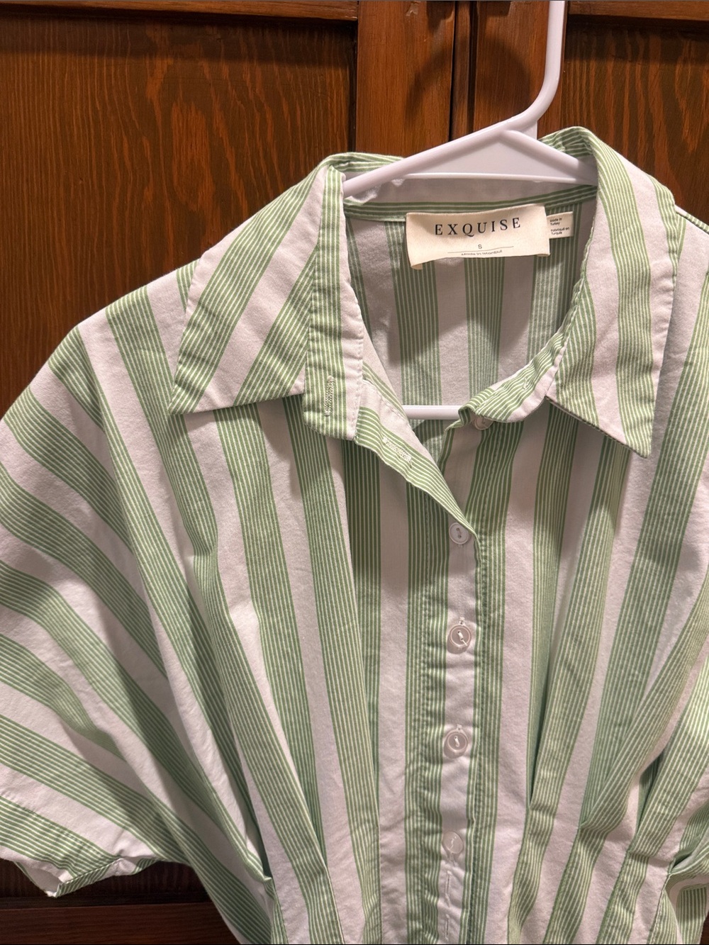 Striped Mini Shirtdress in Light Green and White - Picture 3 of 4